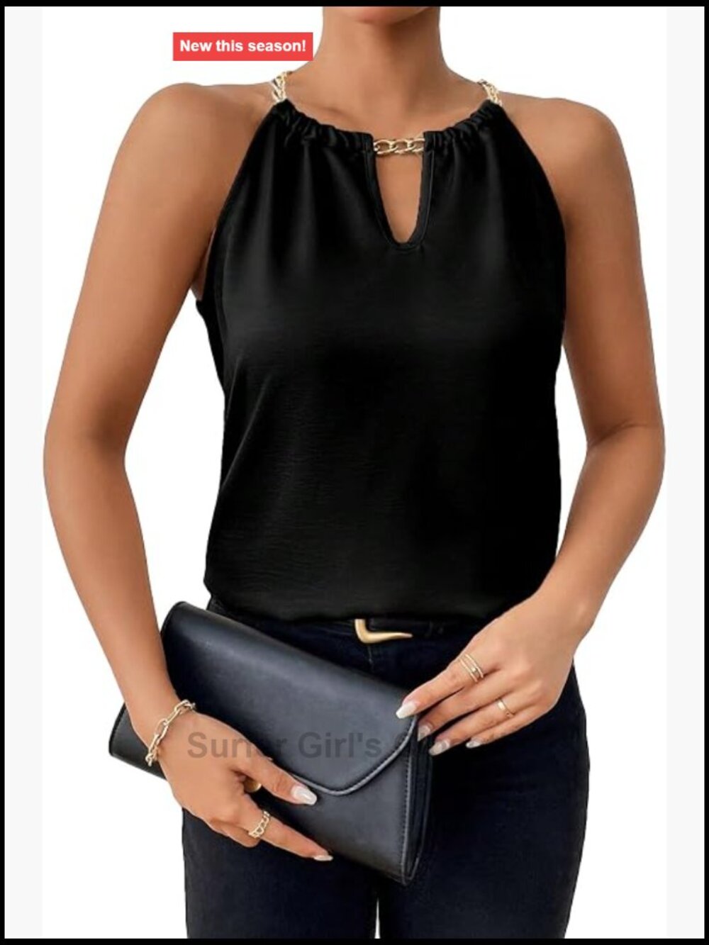 Women's Sleeveless Halter Neck Tank Top with Metal Chain Keyhole Back Summer Top